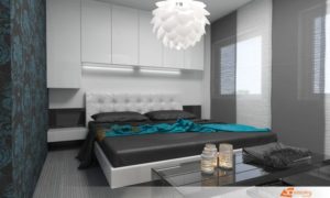 Návrh ložnice v azurových odstínech s dominantní tapetou a dostatkem úložného prostoru, který i přes množství úložného prostoru působí vzdušně.