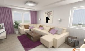 Fialový obývací pokoj v Prostějově se sedací rozkládací soupravou Aksamite.